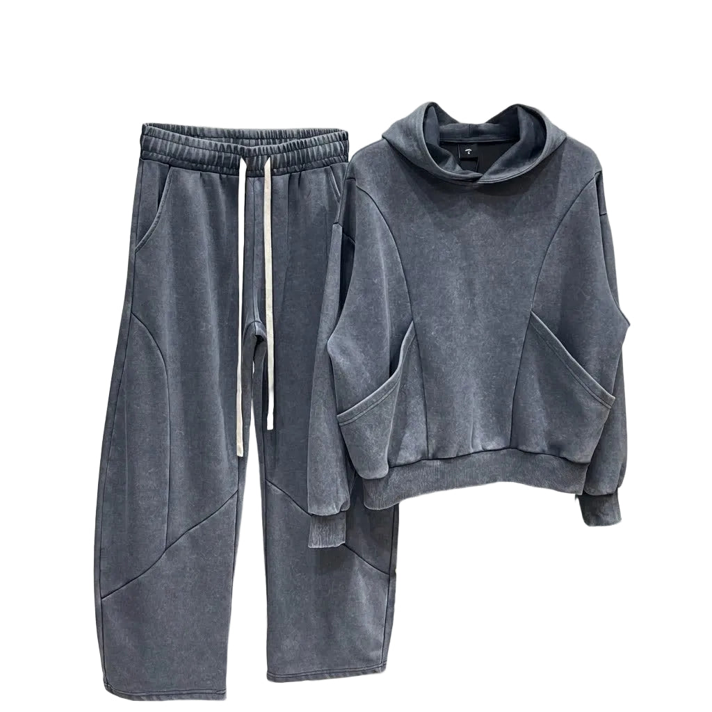 atelier axd trening barbati bumbac gri spalat cusaturi pantaloni la Atelier AXD in tinuta moda urbana cu snur lung vizibil