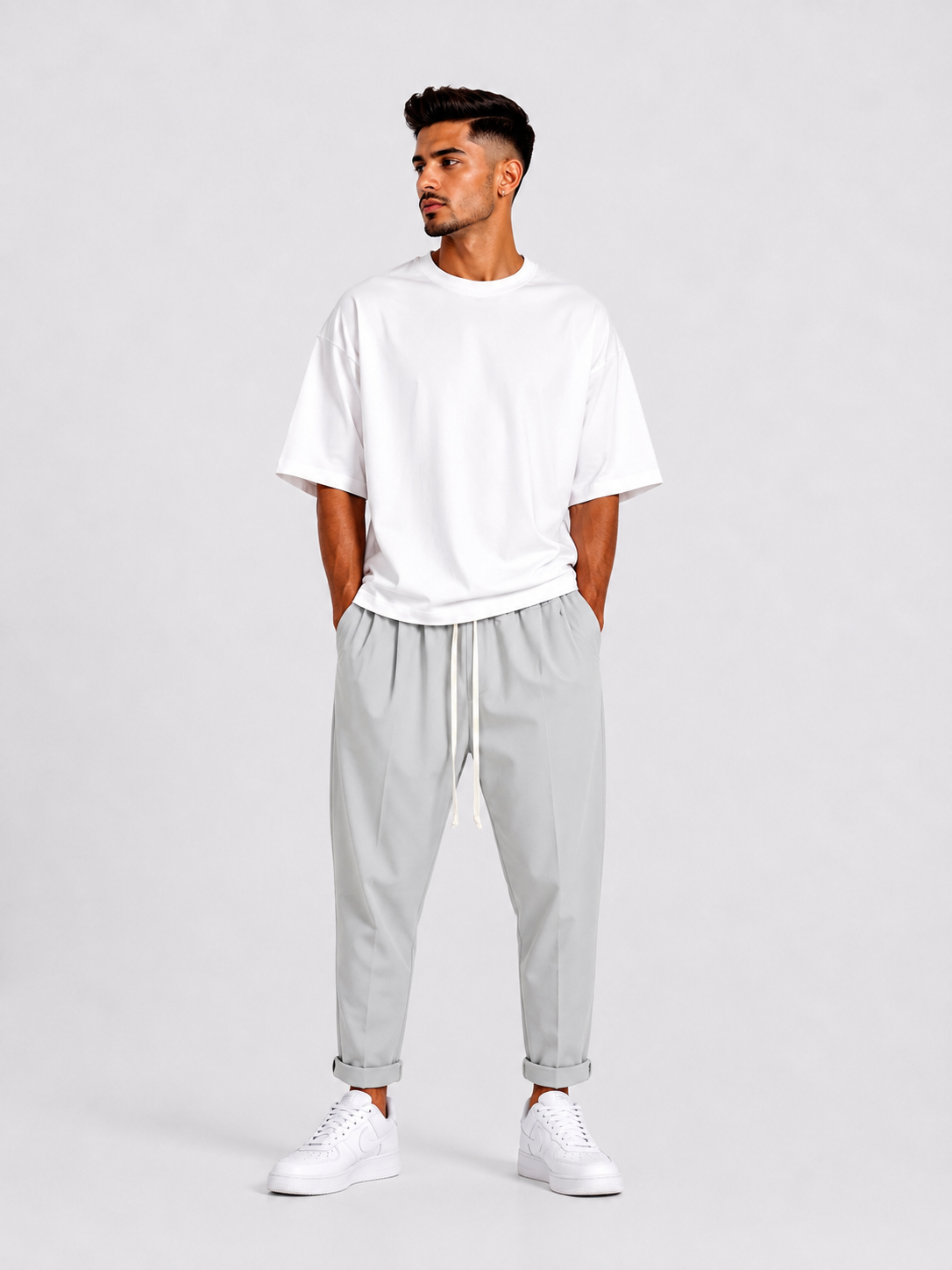 pantaloni barbati casual gri cu snur barbat pantaloni gri slim siret lung Atelier AXD in tinuta moda urbana cu snur lung vizibil
