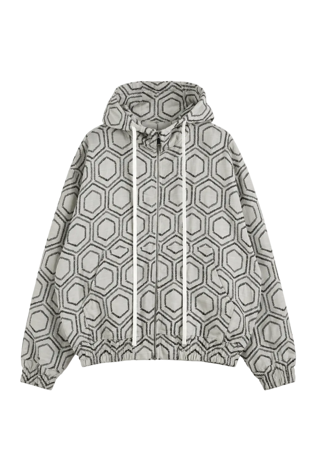 pantaloni cu snur lung atelier axd geaca hoodie alba model geometri Atelier AXD in tinuta moda urbana cu snur lung vizibil