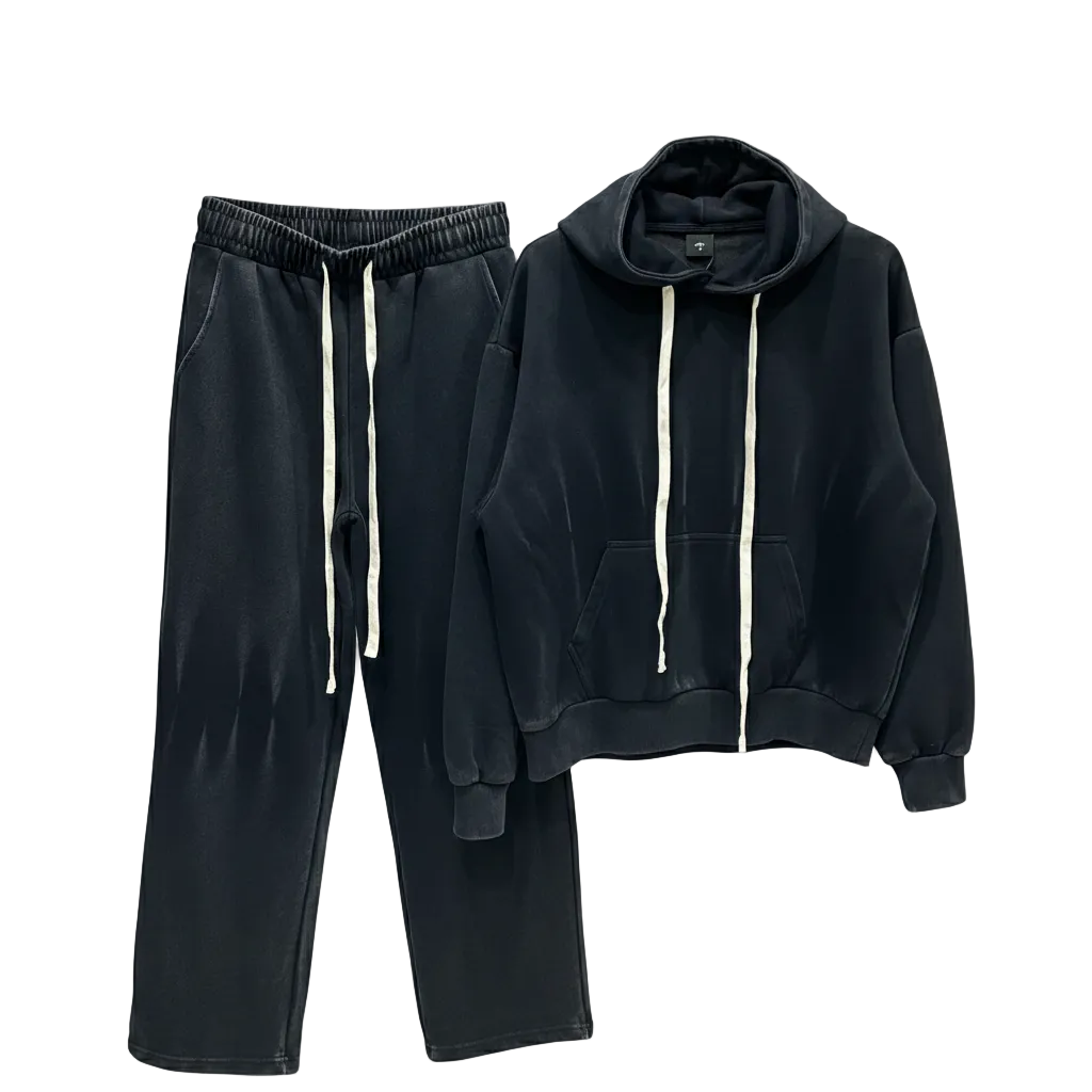 pantaloni cu snur lung atelier axd set barbati bumbac negru spalat Atelier AXD in tinuta moda urbana cu snur lung vizibil