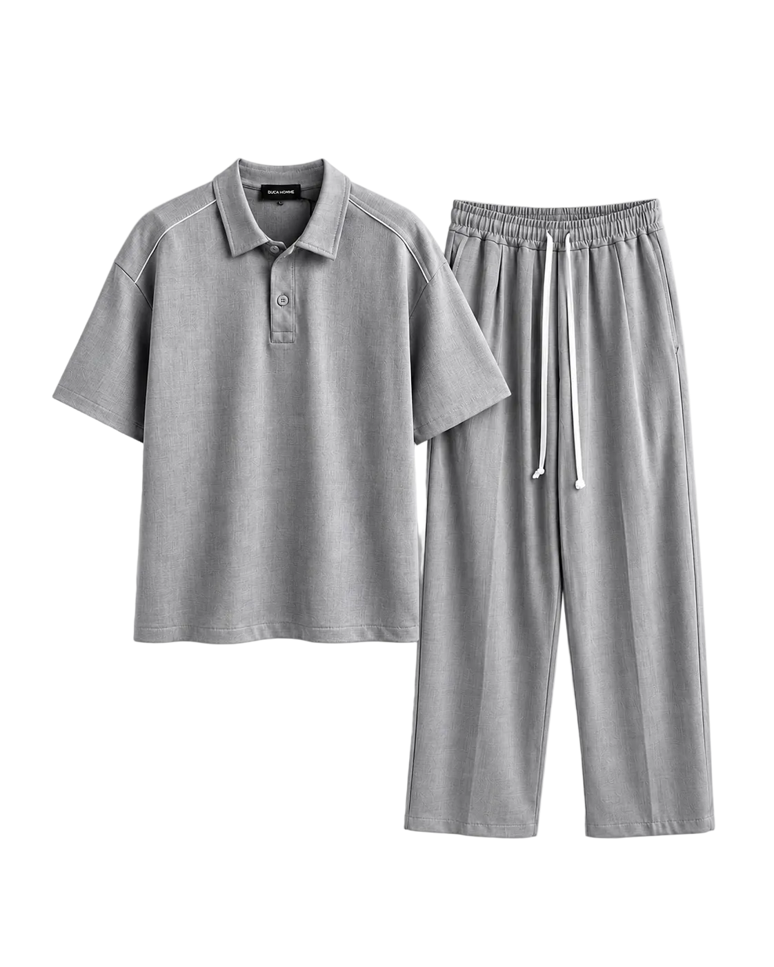 pantaloni cu snur lung atelier axd set polo casual gri compozitie p Atelier AXD in tinuta moda urbana cu snur lung vizibil