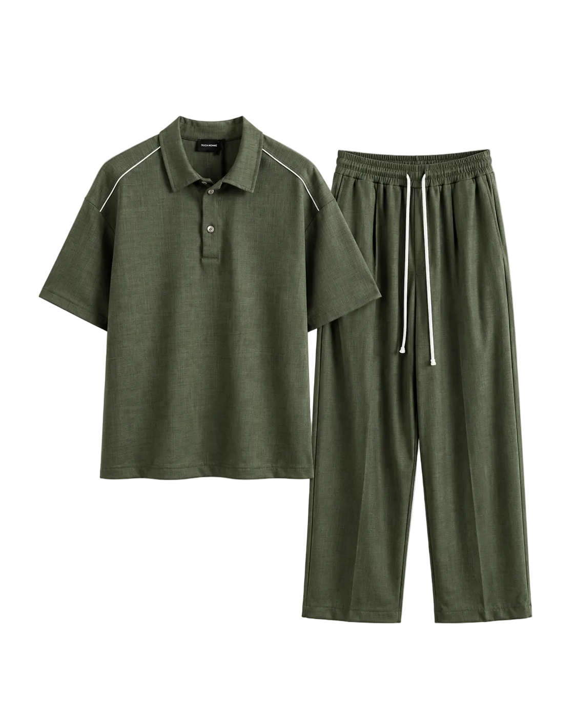 pantaloni cu snur lung atelier axd set polo casual verde compozitie Atelier AXD in tinuta moda urbana cu snur lung vizibil