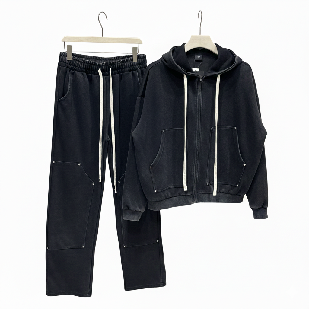 pantaloni cu snur lung compleu barbati oversized negru spalat capse s compleu Atelier AXD in tinuta moda urbana cu snur lung vizibil