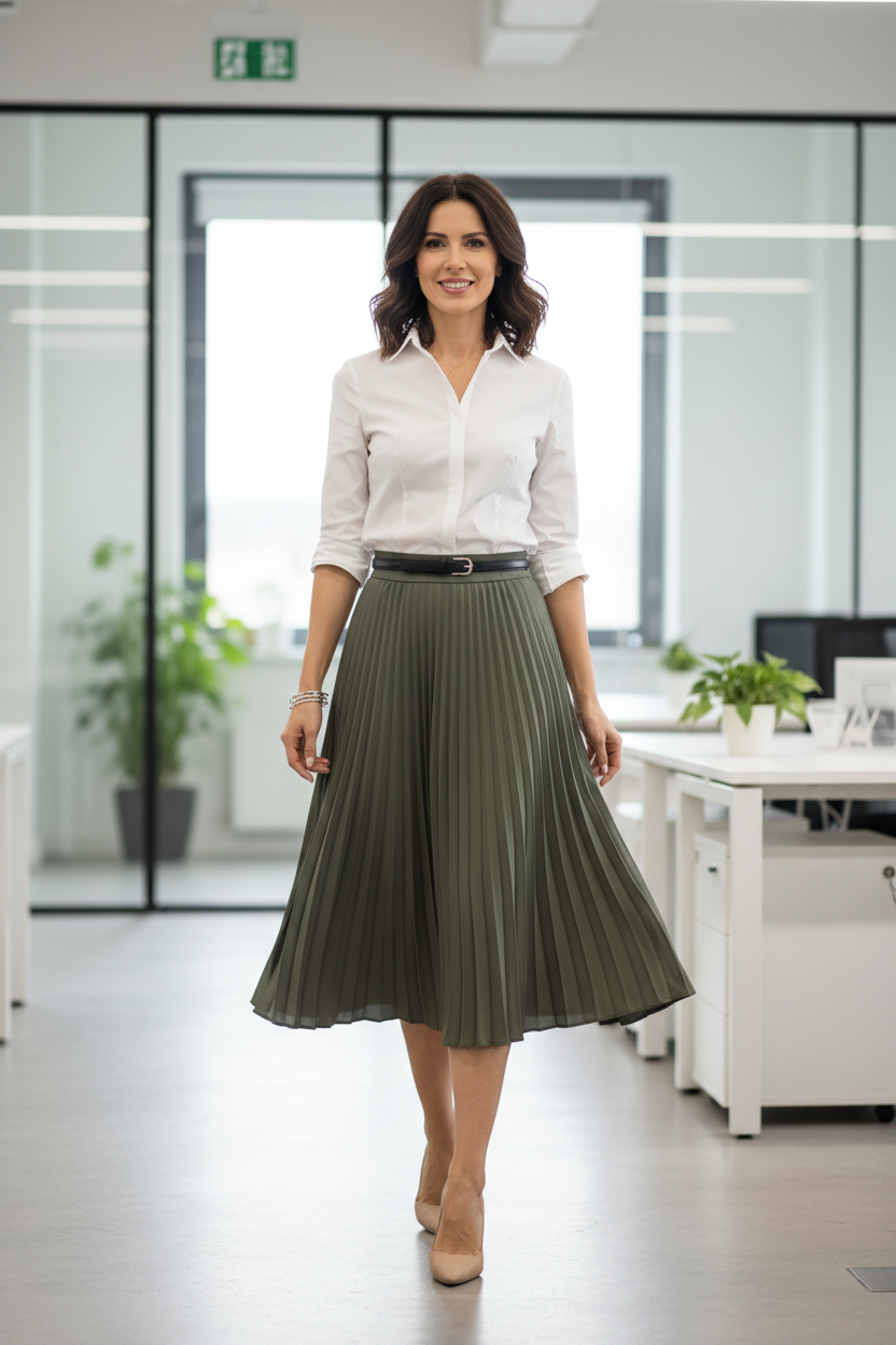 pantaloni cu snur lung sitemap blogs 1 xml femeie purtand fusta plisata midi v Atelier AXD in tinuta moda urbana cu snur lung vizibil
