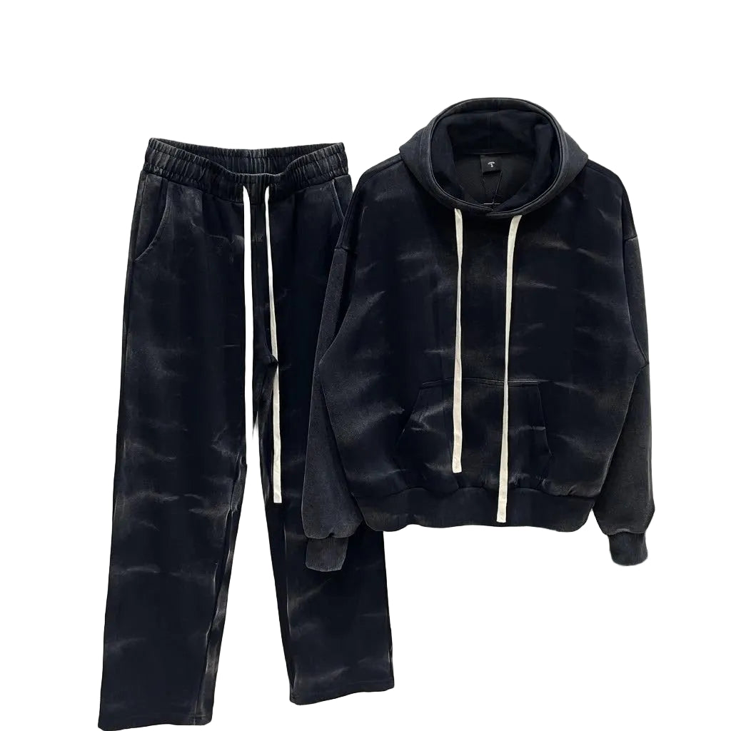 set barbati bumbac hanorac pantaloni wide leg set barbati bumbac hanorac panta Atelier AXD in tinuta moda urbana cu snur lung vizibil