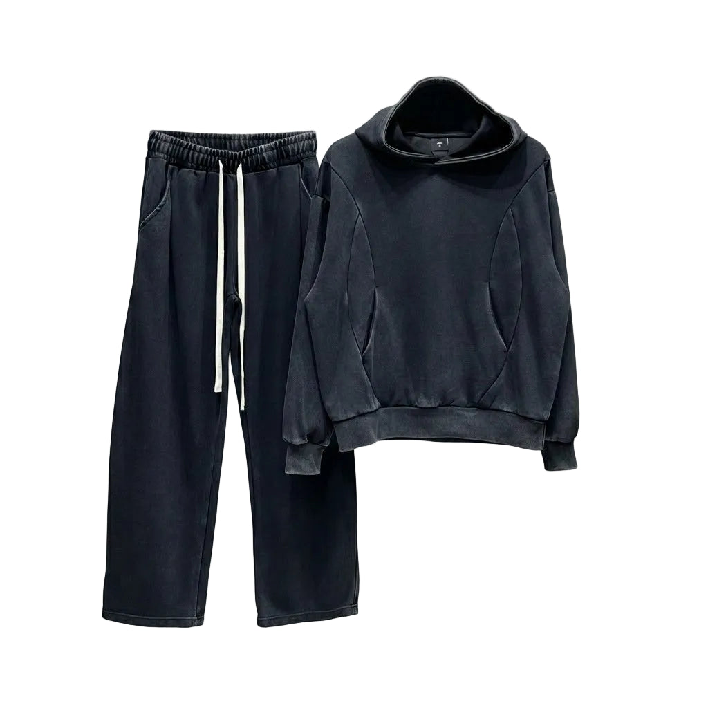 set barbati bumbac negru gri pantaloni largi cusaturi Atelier AXD in tinuta moda urbana cu snur lung vizibil