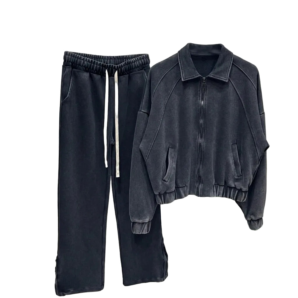 set barbati bumbac negru spalat fermoar guler set barbati bumbac negru spalat 2 Atelier AXD combinat cu pantaloni cu snur lung pentru outfit urba
