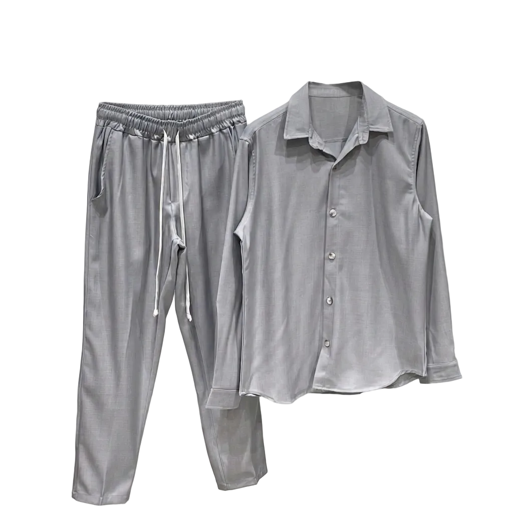 set barbati gri camasa pantaloni snur lung ita set barbati gri camasa pantalon Atelier AXD in tinuta moda urbana cu snur lung vizibil