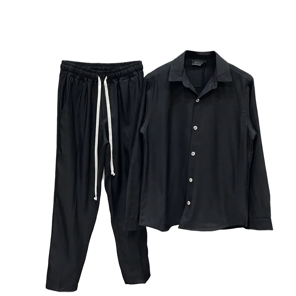 set barbati negru camasa pantaloni snur lung i set barbati negru camasa pantal 2 Atelier AXD in tinuta moda urbana cu snur lung vizibil