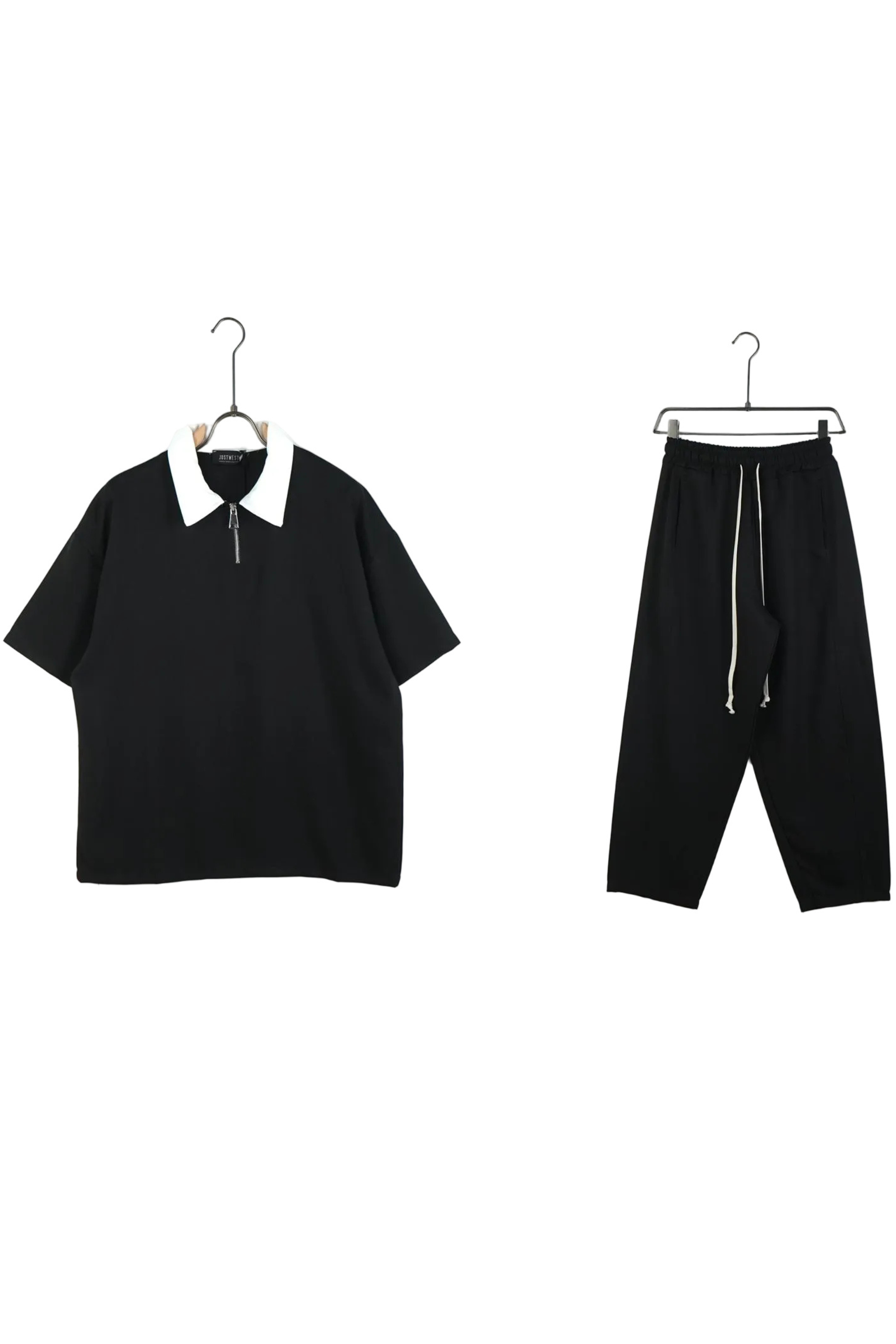 set barbati ti casual negru tricou si pantaloni compleu negru barbati set trico 2 Atelier AXD in tinuta moda urbana cu snur lung vizibil