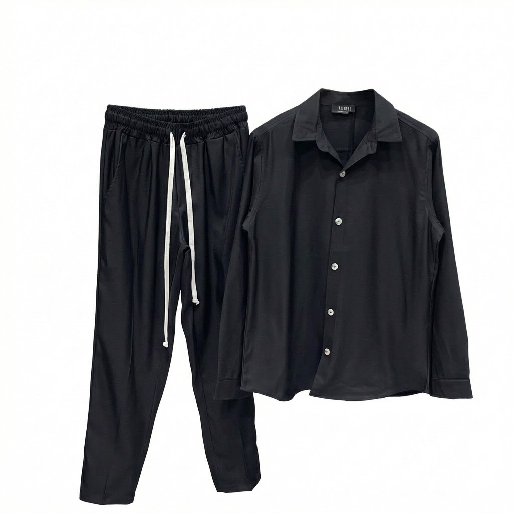 set camasa pantaloni barbati smart casual elas set camasa pantaloni barbati po Atelier AXD in tinuta moda urbana cu snur lung vizibil