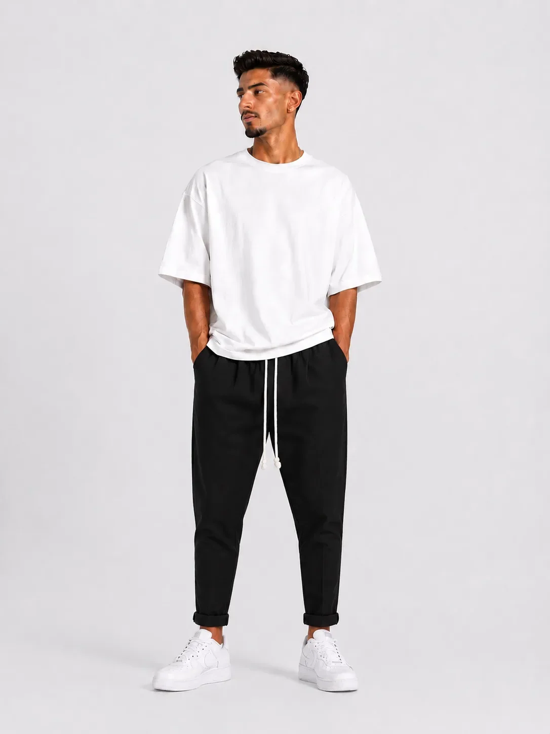 pantaloni cu snur lung purtati de persoana reala pentru Cum alegi marimea corecta, tinuta completa in context urban stil Atelier AXD