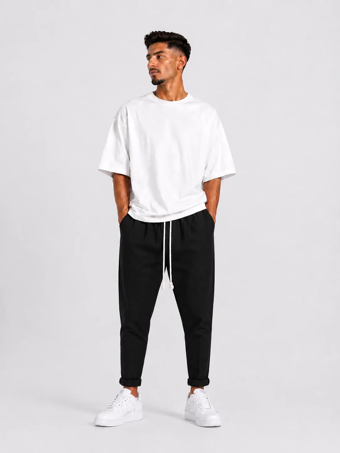 pantaloni cu snur lung purtati de persoana reala pentru Pantaloni cu snur lung vara: ghid vizual, detaliu de material si croiala stil Atelier AXD