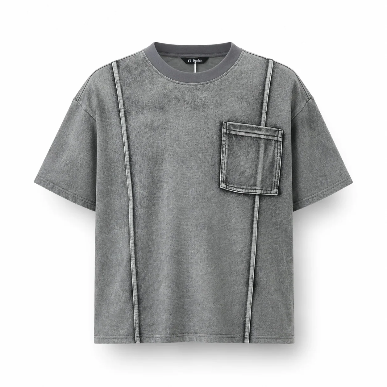 Tricou gri prespalat cu buzunar aplicat