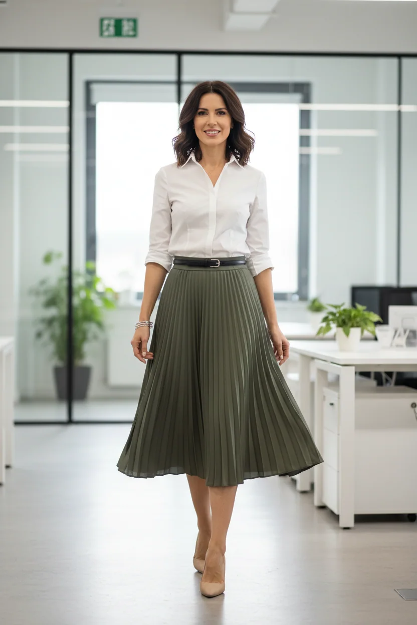 fusta purtata de o femeie reala pentru Fusta pareo satinata la birou pe canicula vara 2026, imagine principala stil Atelier AXD
